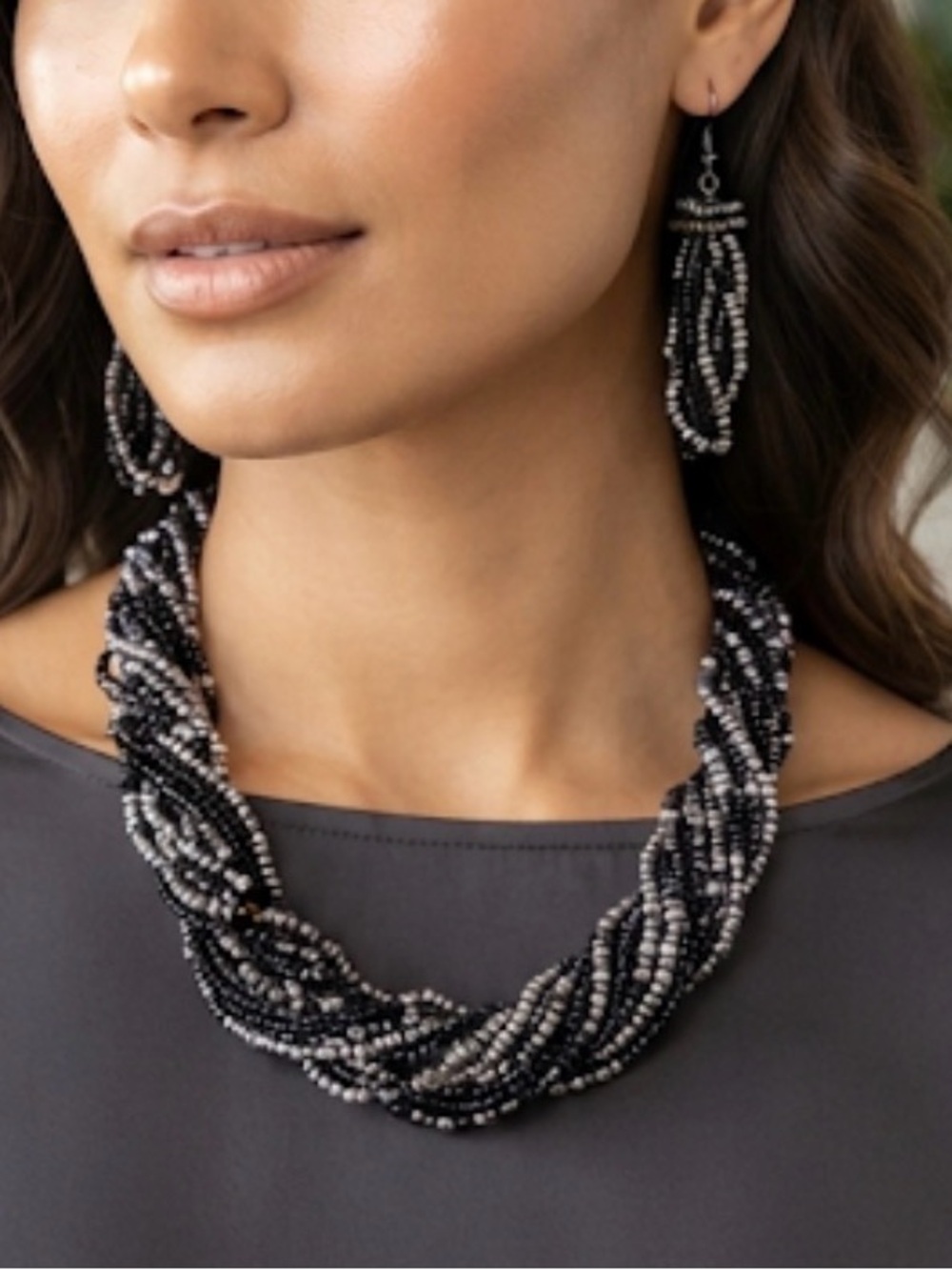Paparazzi Twisted Black and Silver Beaded Necklace and earrings